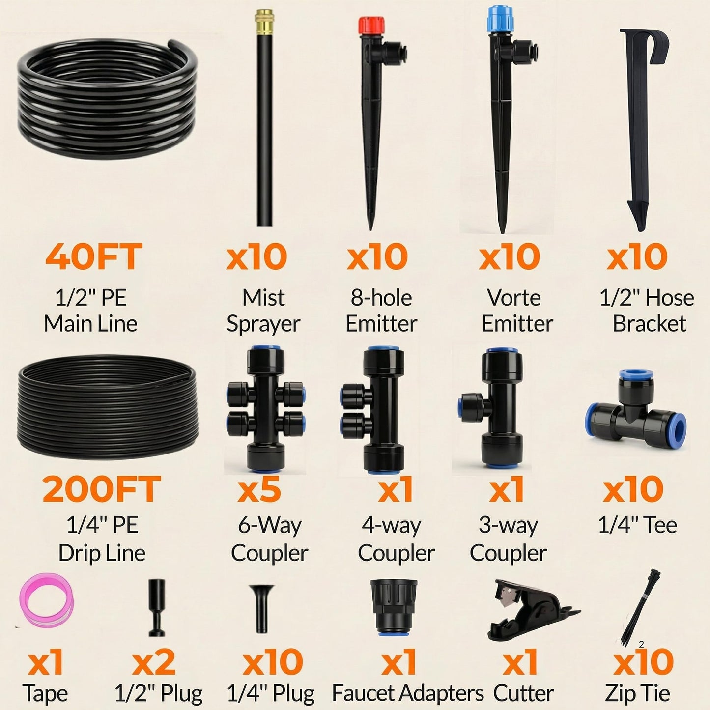 240FT Drip Irrigation System for Garden: 30 Nozzles 1/2" PE Tubing Automatic Watering Kit Adjustable Misting Sprinkler Mister 1/4" Hose for Water Plants Tape Raised Beds Lawn Outdoor Greenhouse