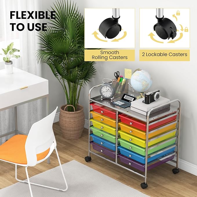 Giantex 12 Drawers Rolling Cart, Mobile Storage Drawer Cart, Classroom Organizer Cart for Office School Supplies Tools Scrapbook Paper Craft Small Printer, Utility Cart on Wheels, Rainbow