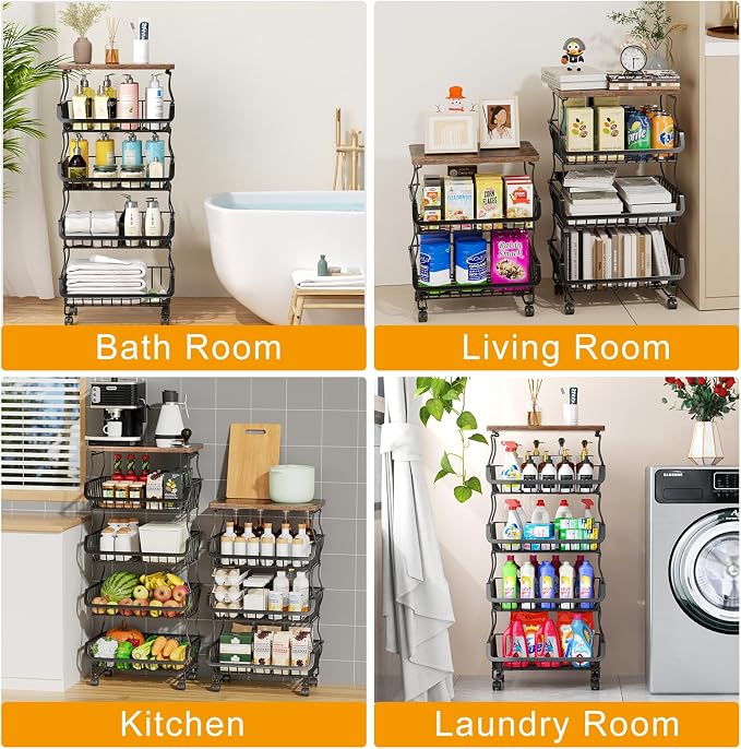 Gsiekare Fruit Vegetable Basket for Kitchen, 5 Tier Stackable Fruit Vegetable Storage Baskets with Wheels, Metal Wire Storage Basket Organizer Baskets for Kitchen, Pantry, Bathroom