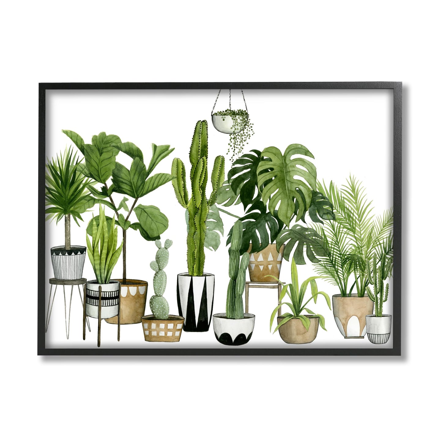 Stupell Industries 'Boho Plant Scene with Cacti and Succulents in Geometric Pots Watercolor', Framed Giclee Art, Black, 14 x 11 Inches, Easy to Hang and Sturdy, Made in USA, by Grace Popp