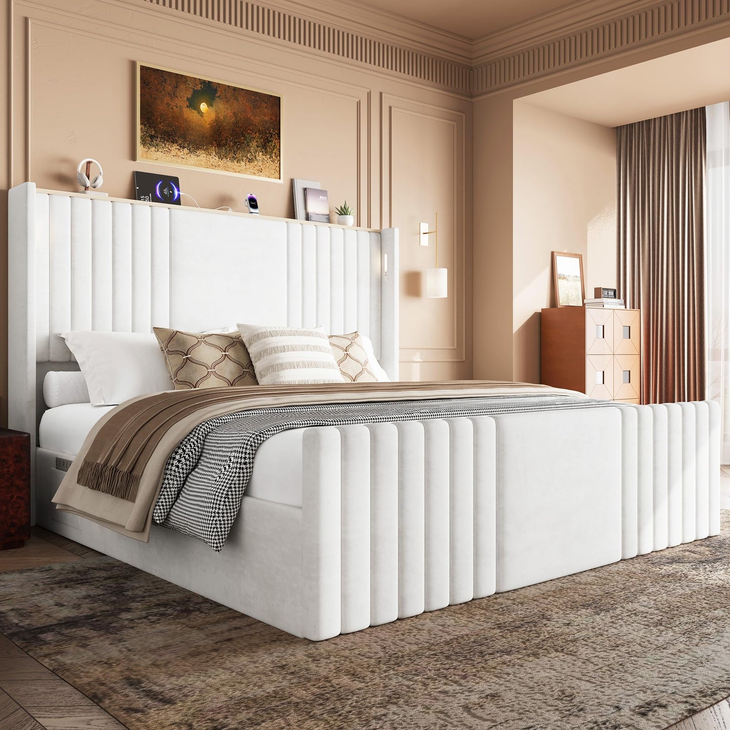 Uteeran King Size Bed Frame with 55.1" Tall Headboard, Velvet Upholstered Platform Bed with Channel Tufted Wingback, 2 Reading Lights/Storage Shelf/Charging Station/Easy Assembly/Noise-Free, Cream