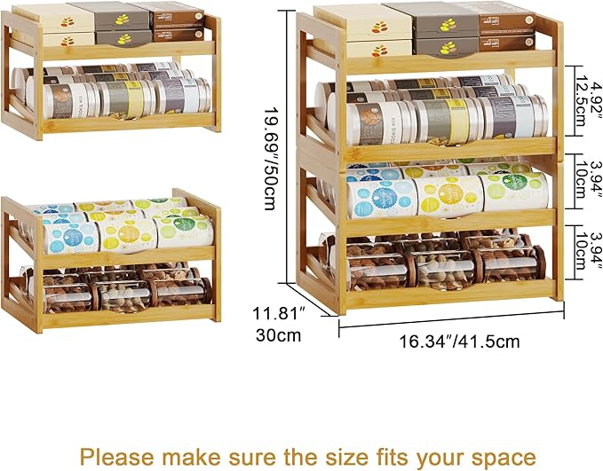 BAMBANG Can Organizer for Pantry, 4 Tier Stackable Bamboo Canned Food Storage Rack, Rolling Soda Can Dispenser Holds Up to 48 Cans, Detachable Can Organizer for Cabinet, Natural