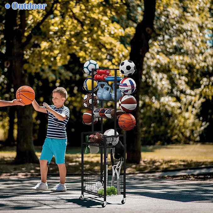 OYEAL Freestanding Ball Rack with Wheels Garage Basketball Storage Cart Outside Sports Equipment Organizer Ball Holder with Storage Baskets for Basketball, Soccer, Volleyball, Football, Black