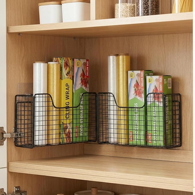 2 Pack Aluminum Foil Organizer, Foil and Plastic Wrap Organizer, Pantry Kitchen Cabinet Door Organizers, Self Adhesive Wall Mounted Storage Hanging Basket for Ziplock Bag, No-Drill, Mesh Metal