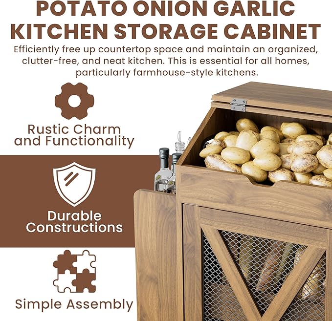 Potato and Onion Storage Bin, Movable Fruit and Vegetable Bin with Spice Rack, Wooden Large Bread Box, Farmhouse Potato Storage Cabinet for Kitchen, Pantry