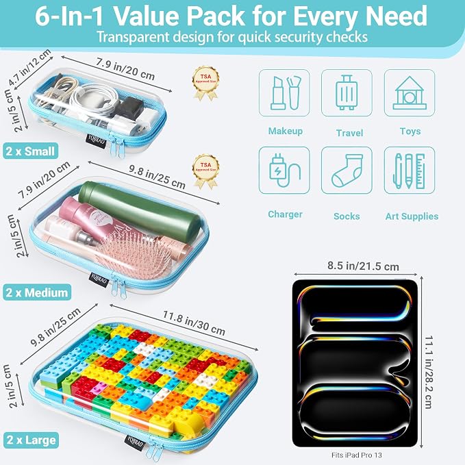 YQBRAO 6 Pack Sky Blue Clear Hard Shell Zipper Case, 1.2mm Heavy Duty Multi-Size Organizer Pouches for Home & Travel, Crush-Proof Storage Bags for Essentials, Toys & Toiletries (2L, 2M, 2S)