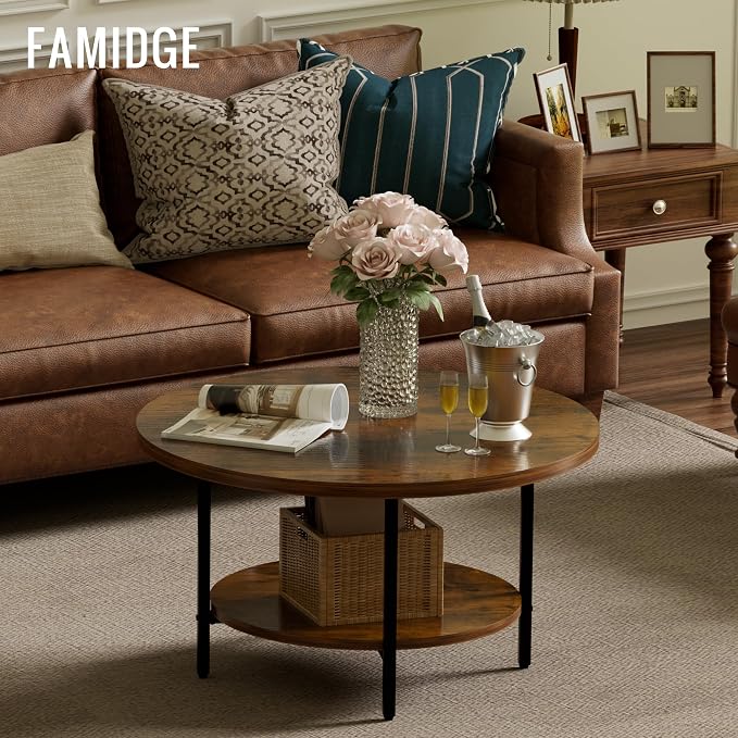 FAMIDGE Round Coffee Table, 27.6" Circle Coffee Table for Living Room, 2-Tier Wood Accent Center Table with Open Storage Industrial Design Home Furniture, Rustic Brown
