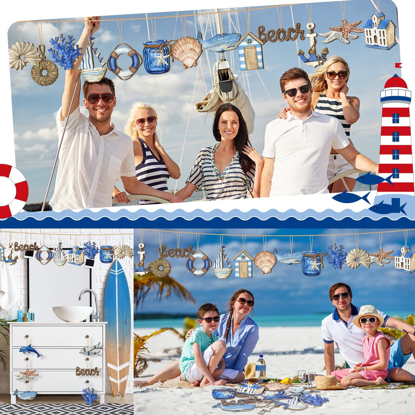 Maitys 36 Pcs Beach Wooden Ornaments Ocean Summer Tree Decorations Coastal Nautical Seaside Wood Cutouts Navigation Hanging Ornaments Xmas Decorations for Home Tree Wall Wreath Crafts(Ocean)