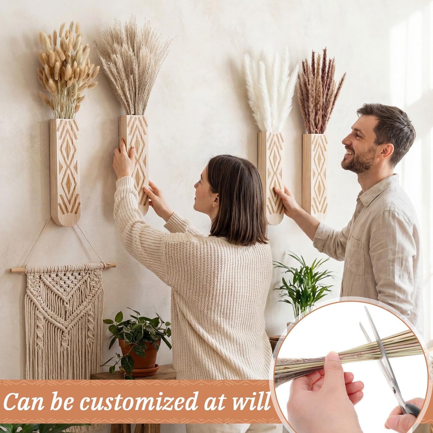 Suncalla 4 Pack Wooden Wall Planter with 110 Pampas Grass Modern Boho Wall Decor for Living Room Bedroom Bathroom Entryway, Farmhouse Rustic Art Vase for Dried Flower Faux Plant Home Office Decor