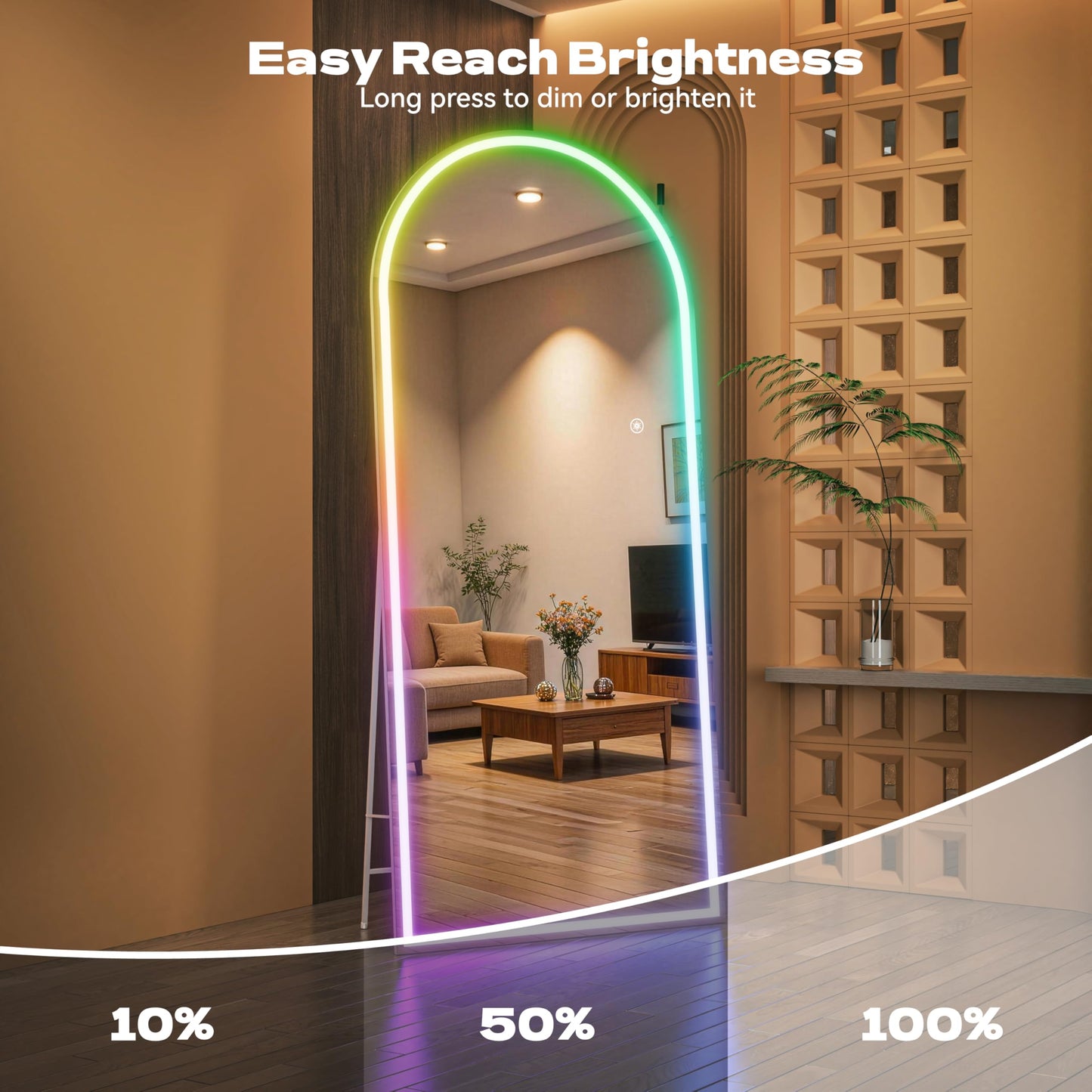 Hasipu Arch Full Length Mirror 79 x 36 in with Stand — Arch LED RGB Full Body Mirror, 7 Lighting Modes, Dimmable, Built‑in Bluetooth Speaker, White Frame for Bedroom Dressing Room