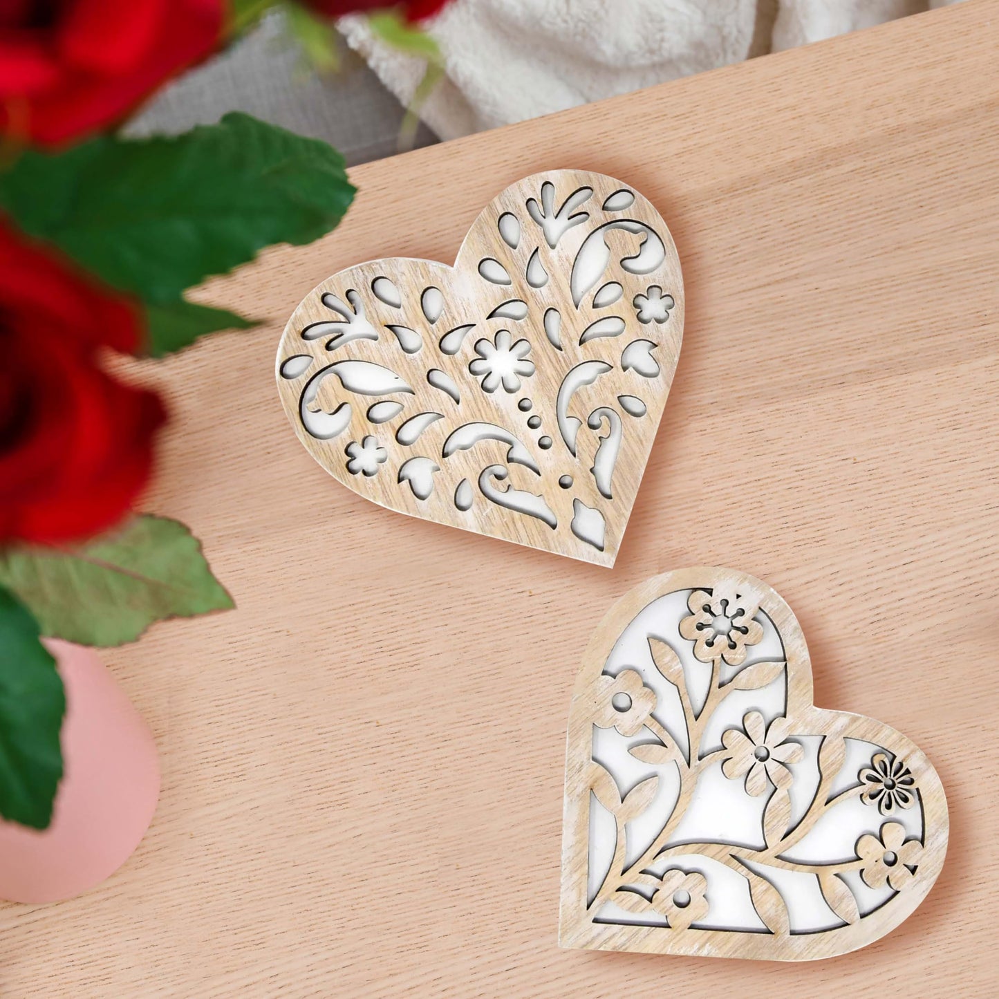 Gift Boutique Valentines Day Wooden Heart Blocks Set of 2 Rustic Carved Wood Hearts Love Sign Centerpiece Home Tiered Tray Table Decor Couple Gifts