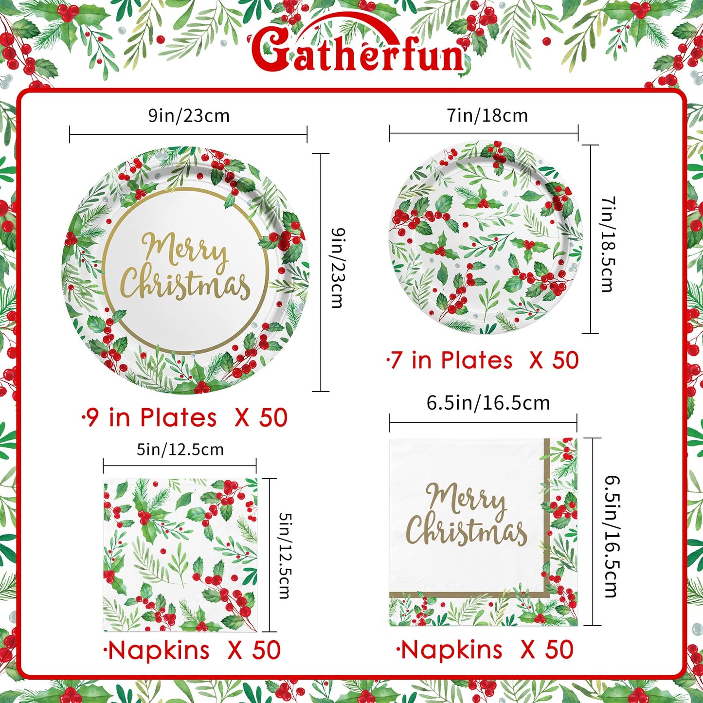 Christmas Party Supplies, Serve 50, Christmas Seasonal Holly Tableware Includes: Paper Dinner Plates, Dessert Plates, Luncheon Napkins and Beverage napkins, Great for Party Decorations