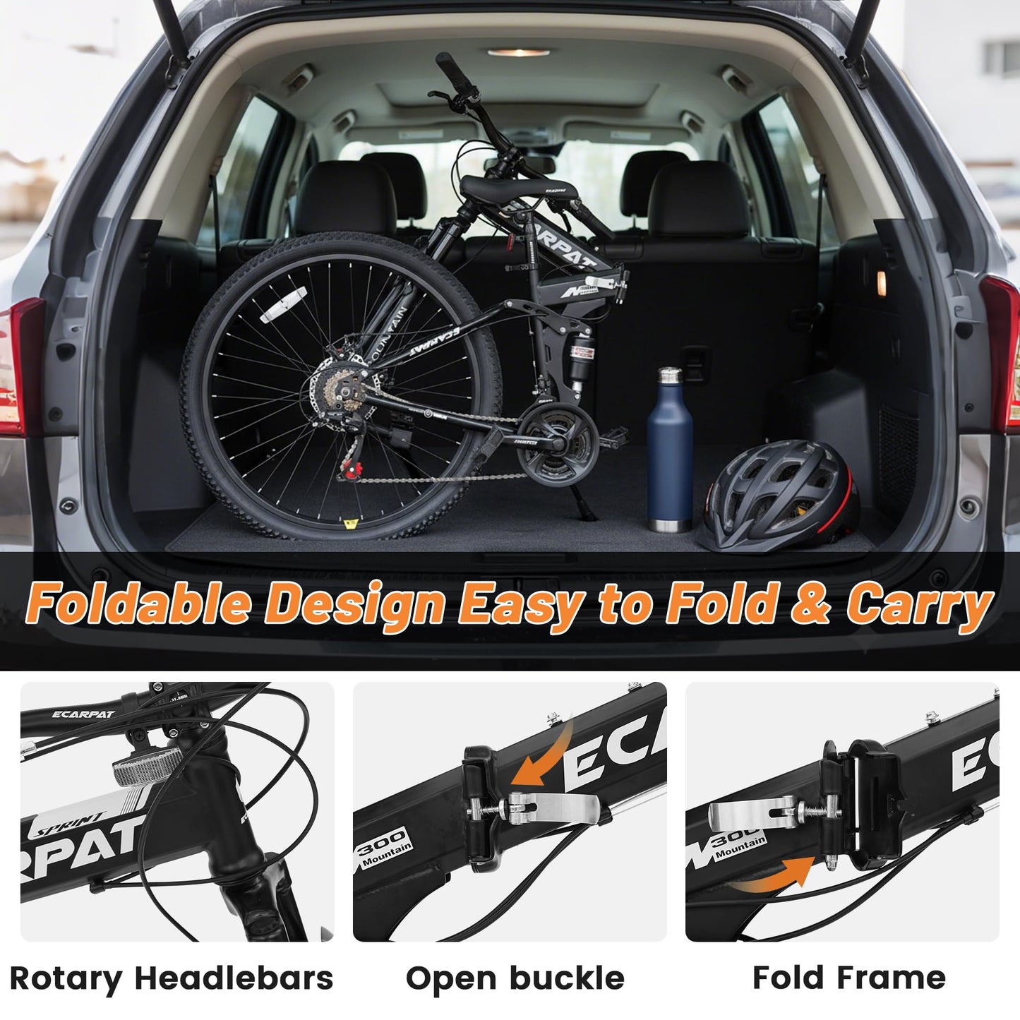 Ecarpat 26 Inch Folding Mountain Bike, 21 Speed Full Suspension High-Carbon Steel MTB, Dual Disc Brake Foldable Bicycle, Folding Bikes for Adults Men Women