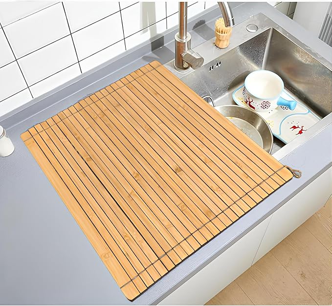 Over Sink Drainer Rack, Bamboo Roll up Dish Drying Rack Multipurpose Dish Drainer Counter Space, Over The Sink Dish DryingRack for Draining Dish, Glass, Vegetables, Fruits