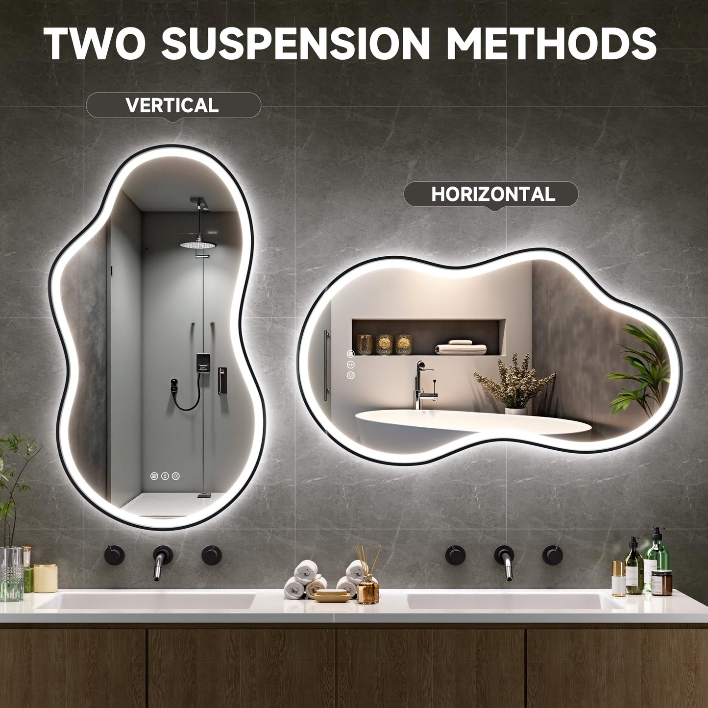 Hasipu Irregular Bathroom Mirror with Lights - 24"x35" LED Asymmetrical Wall Mirror, Abstract Modern Lighted Vanity Mirror for Wall, Anit-Fog, Dimmable, Memory, Vertical/Horizontal (Black