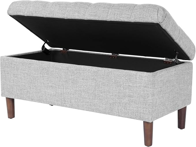 Homepop Home Decor | Tufted Ainsley Button Storage Ottoman Bench with Hinged Lid | Ottoman Bench with Storage for Living Room & Bedroom,Gray Woven