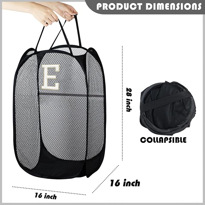 Collapsible Pop Up Laundry Hamper, Extra Large with Removable Initial Letter E, Mesh Foldable Laundry Basket, 28" x 16" x 16" (Black)