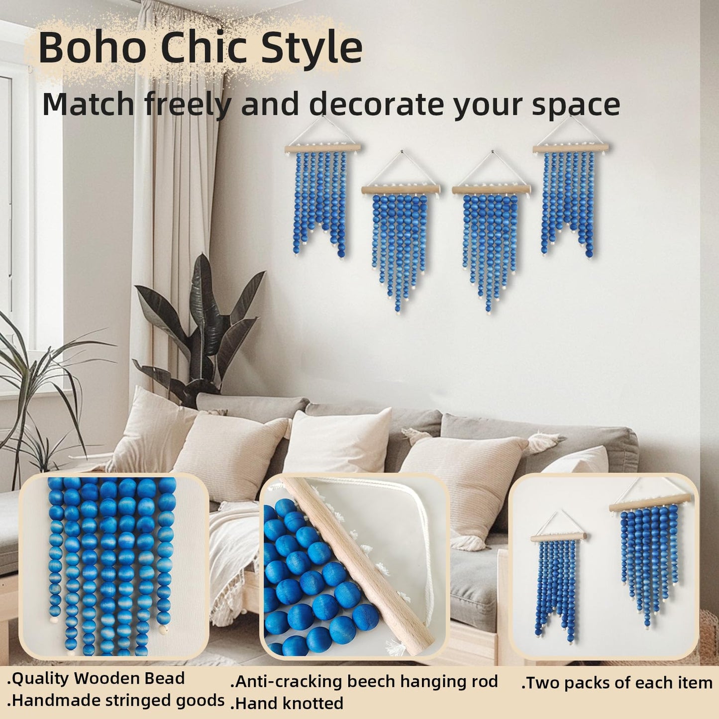Wood Beads Small Tapestry 2 Pieces Blue Boho Wall Decor Art Western Rustic Hanging Macrame Decoration for Kids Girl Boy Room Nursery Bedroom Living Room Dorm Shelves Entryway