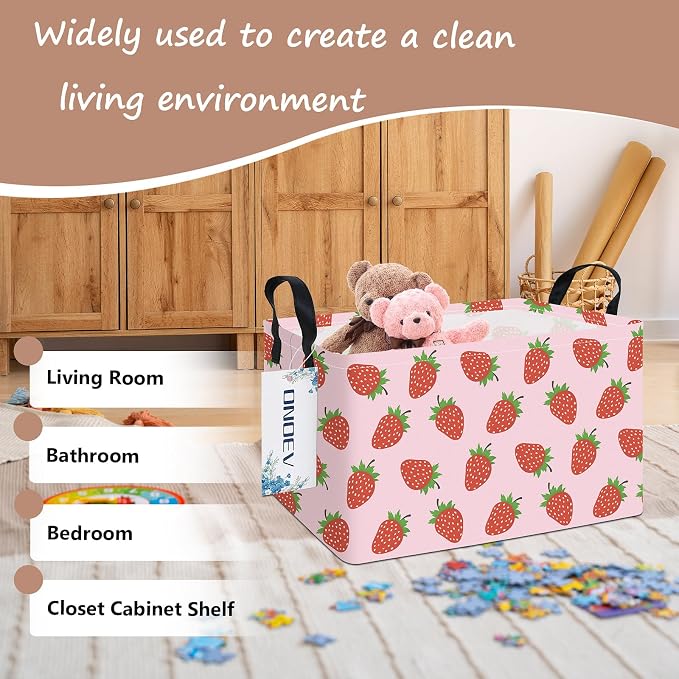 Rectangular Strawberry Pattern Storage Bin, Decorative Canvas Laundry Basket with Dual Handles, Foldable Household Toy Organizer, Multipurpose Party Gift Basket for Bedroom Dorm Closet