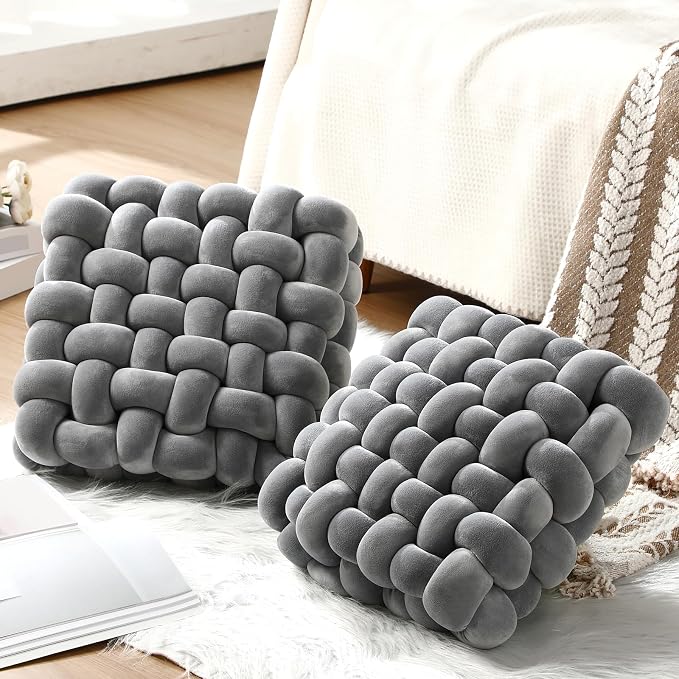 Wenqik 2 Pcs Knot Pillows Square Knotted Plush Throws Soft Accent Pillows Decoration Cushion for Couch Home Office Living Room Bedroom Bed Sofa Decor, 12'' x 13''(Light Gray,Crystal Velvet)