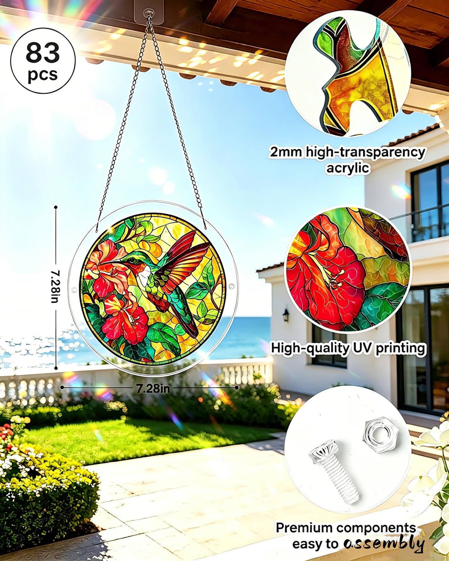 FINEED Acrylic Jigsaw Puzzle Suncatcher, 83 Pcs Stained Glass Window Hanging, Emerald Flame Hummingbird DIY Sun Catcher with Metal Chain, Garden Home Decor, Creative Gift for Women Mom Wife Grandma