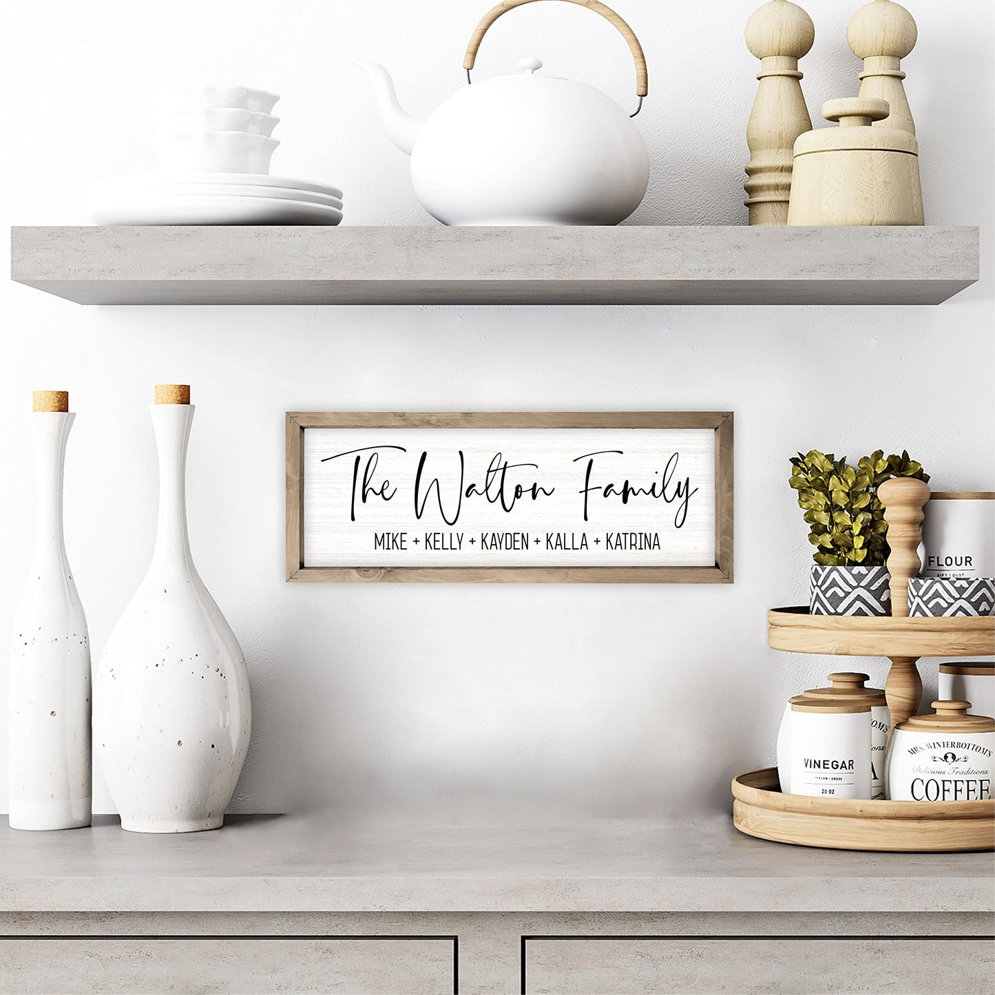 Personalized Framed Family Name Sign (6"x 18", Weathered Grey Frame, White Background)