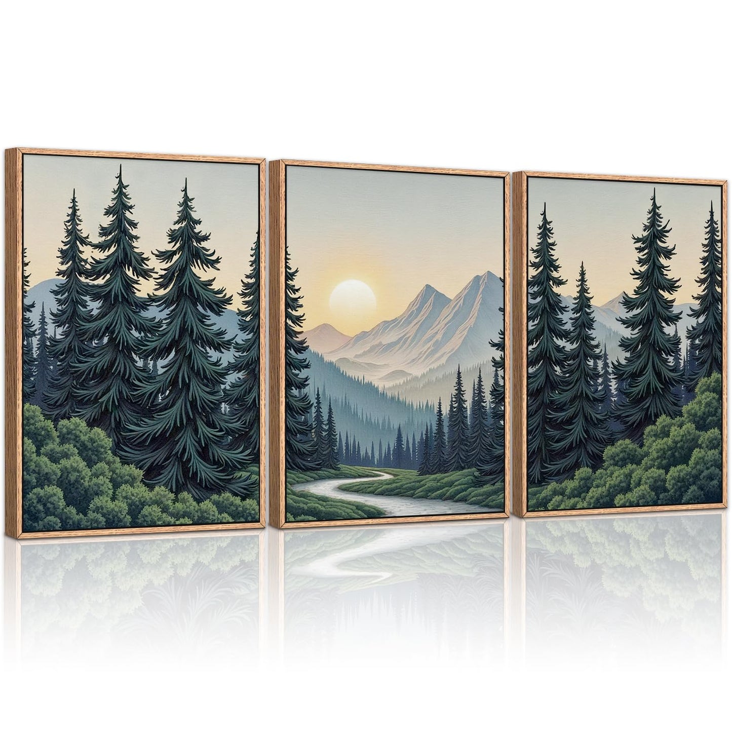 HLNIUC Mountain Forest Sun Framed Wall Art,Large Boho Pine Tree Canvas Wall Decor Set of 3(16”x24”)Ridge Mountain Landscape Picture Prints,Natural Sunset Woodland Wall Painting for Living Room,Bedroom