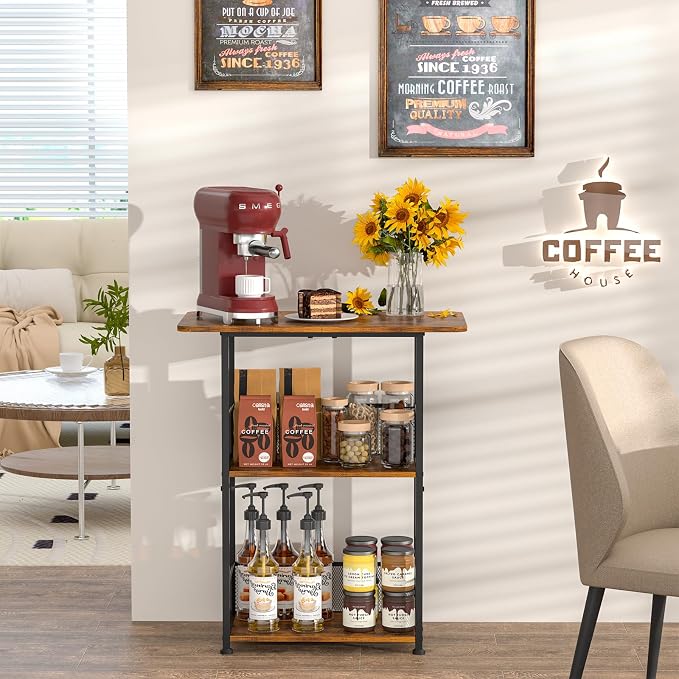 Jsskeeim Mini Floor Standing Coffee Bar Shelf,3-Tier Small Coffee Table,Corner Farmhouse Coffee Bar Cabinet;Dining Room, Living Room-Capsules,Coffee Maker(Brown+Black)