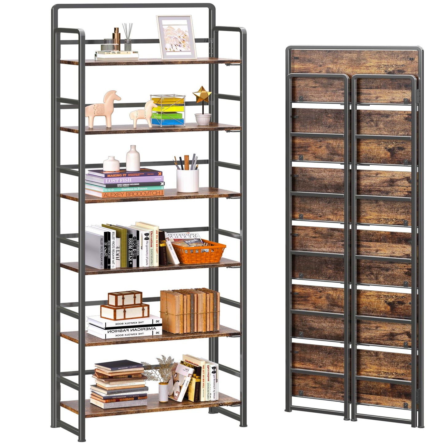 4NM No Assembly 6 Tiers Folding Bookshelf Storage Shelves Vintage Bookcase Standing Racks Study Organizer Home Office (Rustic Brown Black)