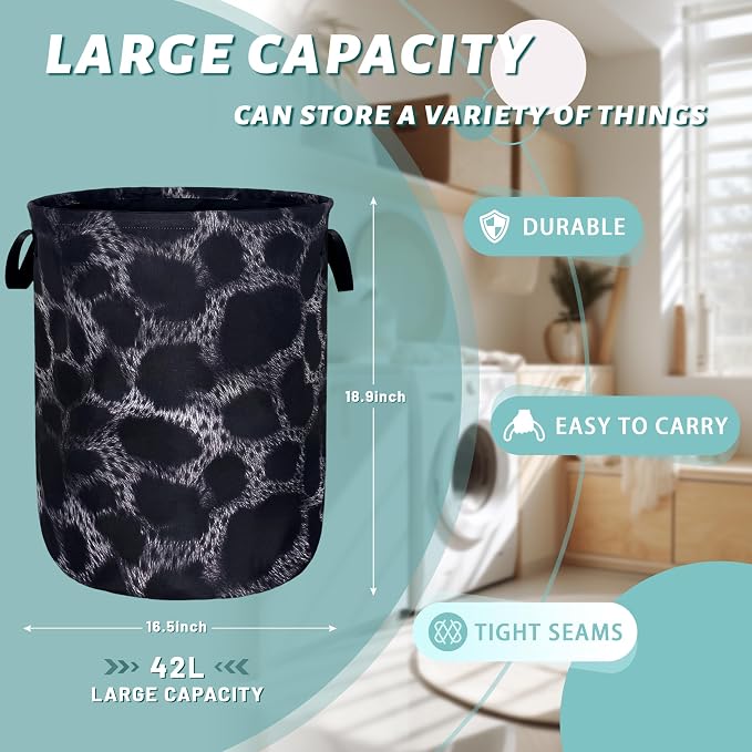 Grey Black Leopard Print Laundry Basket Foldable Animal Leopard Laundry Hamper Oxford Cloth Colorful Tote Bag Clothes Toy Storage Bucket For Bathroom/Laundry Storage/Bedroom 18.9 x 16.5 Inch