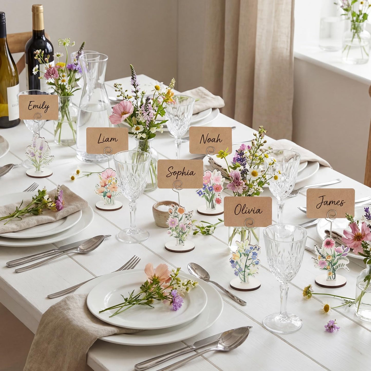 12 Pcs Wildflower Wood Place Card Holders with 15 Cards Flower Photo Iron Stands Table Setting Number Name Picture Clip Holder for Baby in Bloom Baby Shower Wedding Birthday Spring Party Supplies