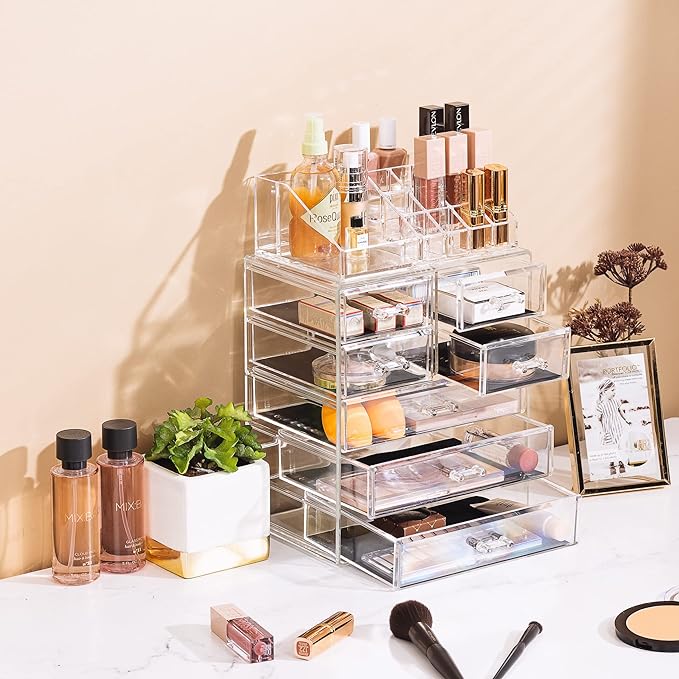 Sorbus Acrylic Makeup Organizer Set, 7-Drawer Vanity & Countertop Cosmetic Storage with Small & Wide Compartments, CLear Makeup Storage for Brushes, Jewelry – Holiday Gift for Women & Teens