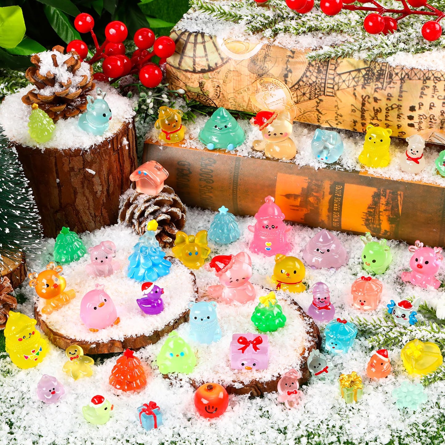 56Pcs Christmas Luminous Mini Figurines 56 Styles Glow in the Dark Tiny Resin Miniatures to Hide Bulk Santa Snowman Bell Snowflake Figurines for Xmas Bag Fillers Party Favors Garden Dollhouse Decor