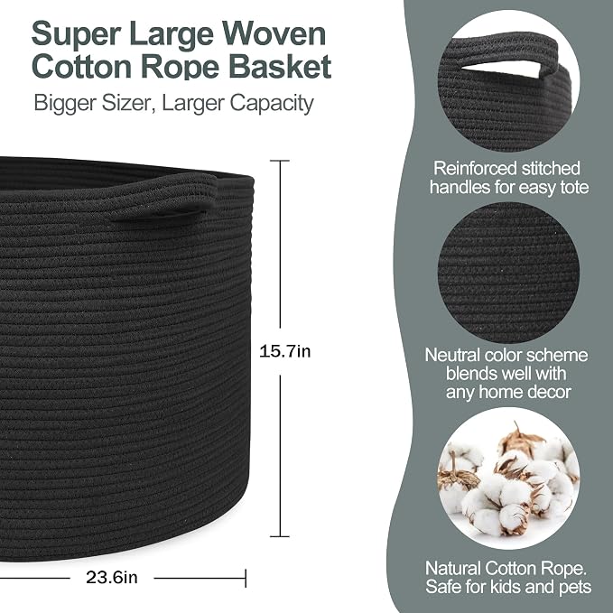 MEGASKET 115L Super Large Black Blanket Basket, 23.6"x15.7" Woven Rope Bin for Storage, Oversized Kids Dog Toy Storage Box Bins, XXXL Blanket Holder for Living Room, Jumbo Wicker Basket for Organizing