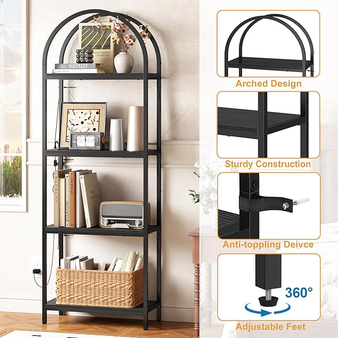 Yusong LED Bookshelf 4 Tier Arched Bookcase, 71.3" Tall Industrial Open Book Shelves for Living Room, Modern Freestanding Display Storage Rack with Metal Frame, Office, Bedroom, Black