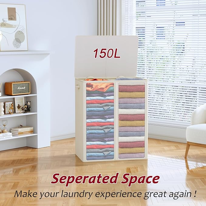 150L Laundry Hamper 2 Section, Large Laundry Hamper with Lid, Dirty Clothes Hamper with 2 Removable Inner Bags, Collapsible Laundry Basket Organizer for for Clothes Toys Towels, Hamper 2 Compartment