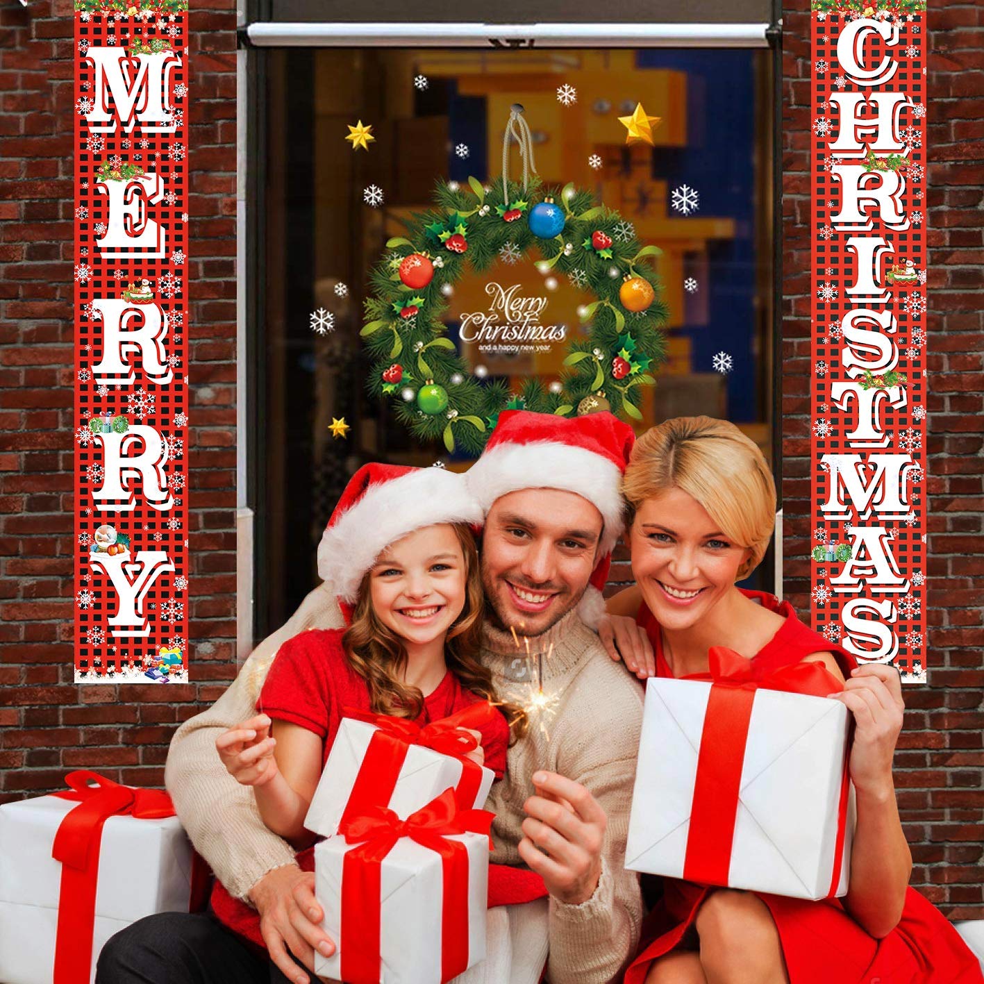 FECEDY Merry Christmas Hanging Banner Porch Sign with Pattern Christmas Tree Presents Snow Banner for Home Yard Indoor Outdoor Wall Door Christmas Party Decorations 72"x12"