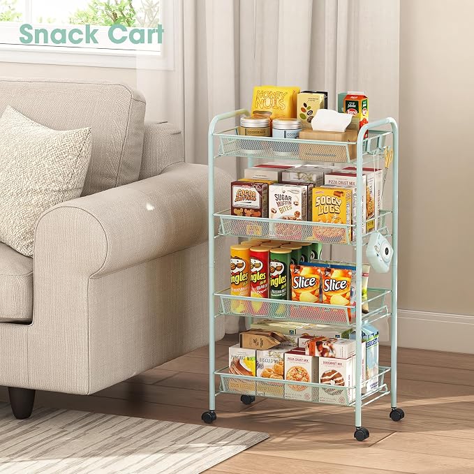TOOLF 4-Tier Rolling Cart, Metal Utility Cart with 3 Hooks, Easy Assemble Mobile Storage Trolley On Wheels, Metal Shelving Units Kitchen Bathroom Laundry Room