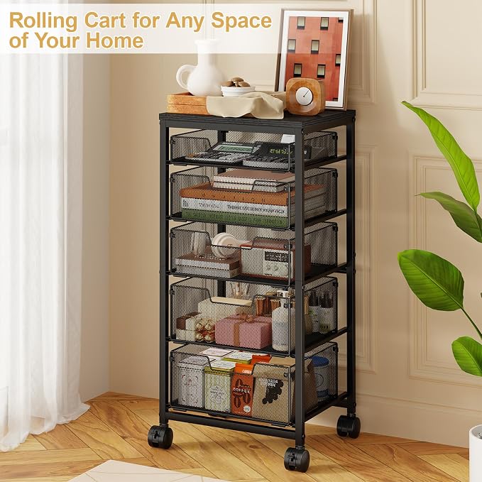 Sbanmao Utility Cart with 5 Drawers, Rolling Storage Cart with Wooden Tabletop and Lockable Wheels, Storage Drawer Cart with Drawers, Craft Cart for Bedroom, Classroom, Home, Office,Black