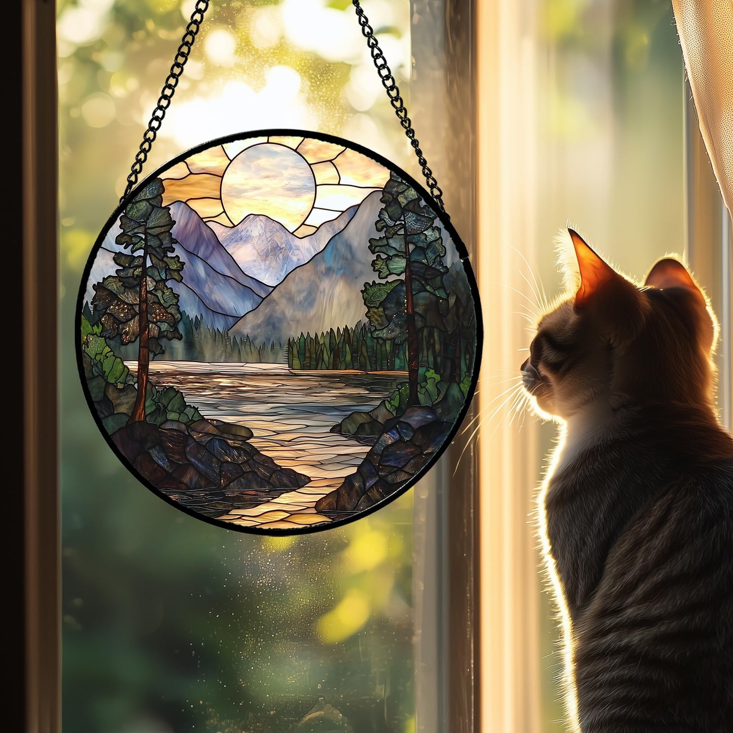 AMDERVEN Stained Glass Window Hanging, Sunset Mountains Lake Tree Sun Catcher for Window Home Decor Landscape Suncatcher Mother's Day Birthday Gifts for Women Men Mom and Nana 7.8 in