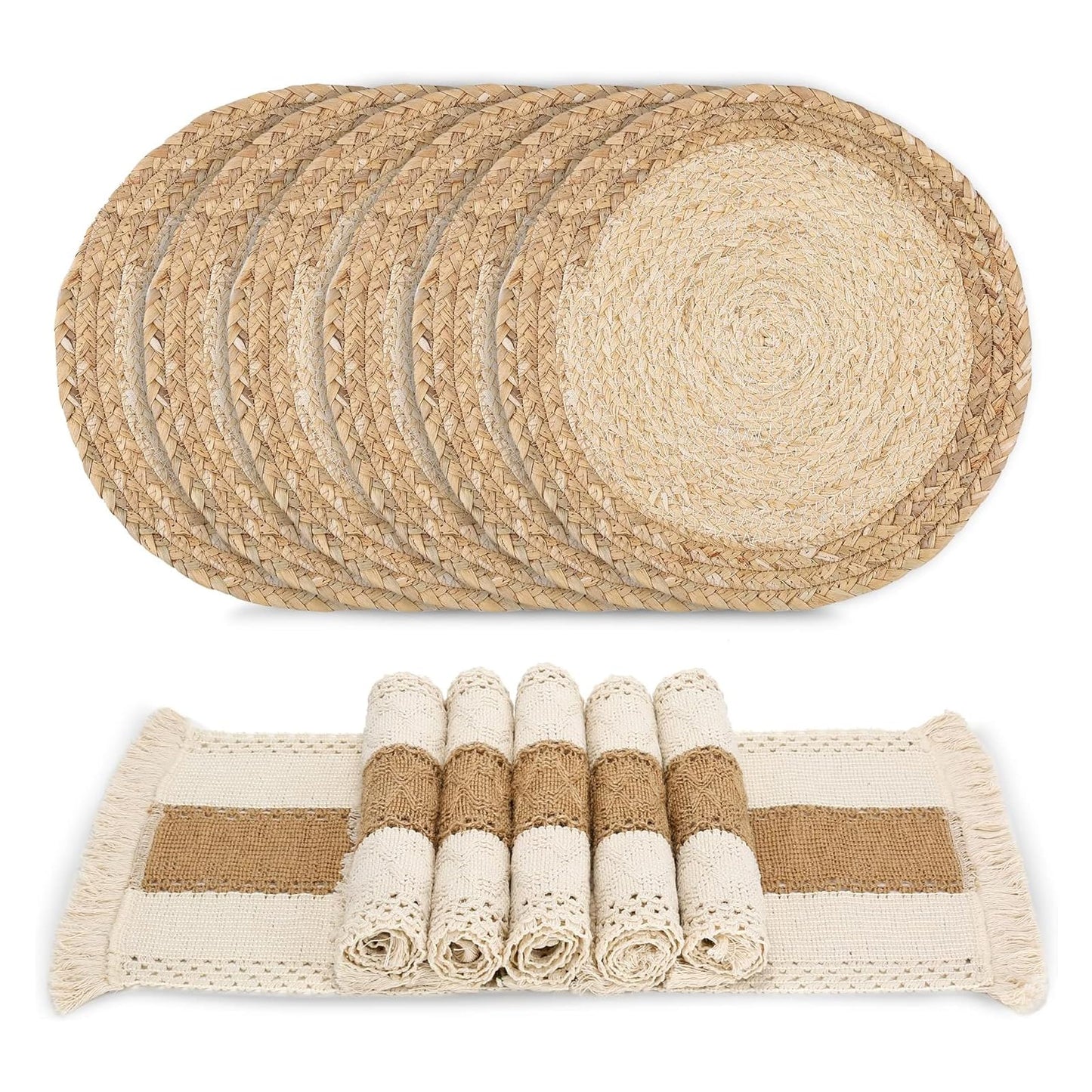 Zology Handmade Boho Placemats Set of 6 - Natural Cotton Burlap and Water Straw Woven Combination Table Mats, Macrame Décor and Farmhouse Style Placemats, for Dining Table Kitchen