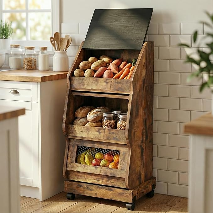 ARTETHYS Potato Storage Bin Movable Bread Box with Lid Rustic and Wheels Onion Organizer with Grocery Section Decorative Vegetable Organization Cabinet for Kitchen