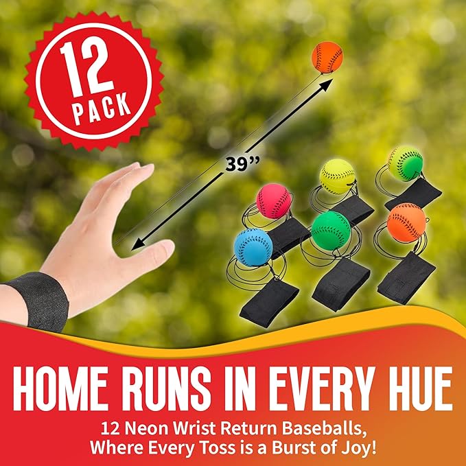 Wrist Baseballs Neon Reactive - 12 Pack - Practice Sports Balls for Fun Outdoor Activity for Kids - Spring Training, Party Favor, Baseball Season Gift, Sports Team Party Bag Filler