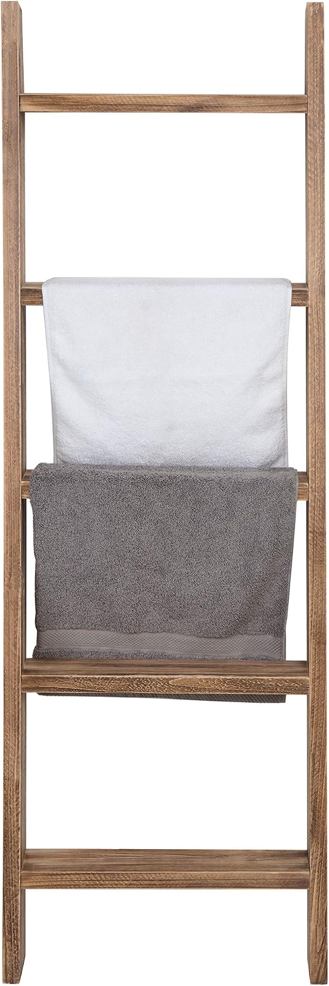 MyGift 4ft Tall Rustic Burnt Natural Wood Wall Leaning Blanket Ladder Shelf with 5 Rungs, Decorative Living Room Throw and Quilt Holder, Farmhouse Bedroom Decor