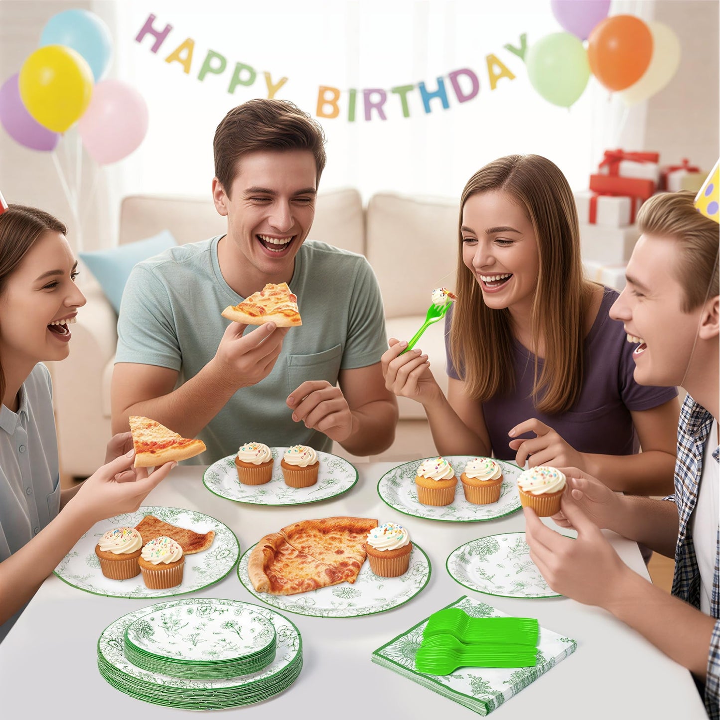 G1ngtar 96Pcs Sage Green Floral Party Plates Supplies Green Toile Chinoiserie Flower Tableware Decorations Disposable Paper Plates Napkins Forks for Birthday Spring Summer Party Wedding, Serves 24
