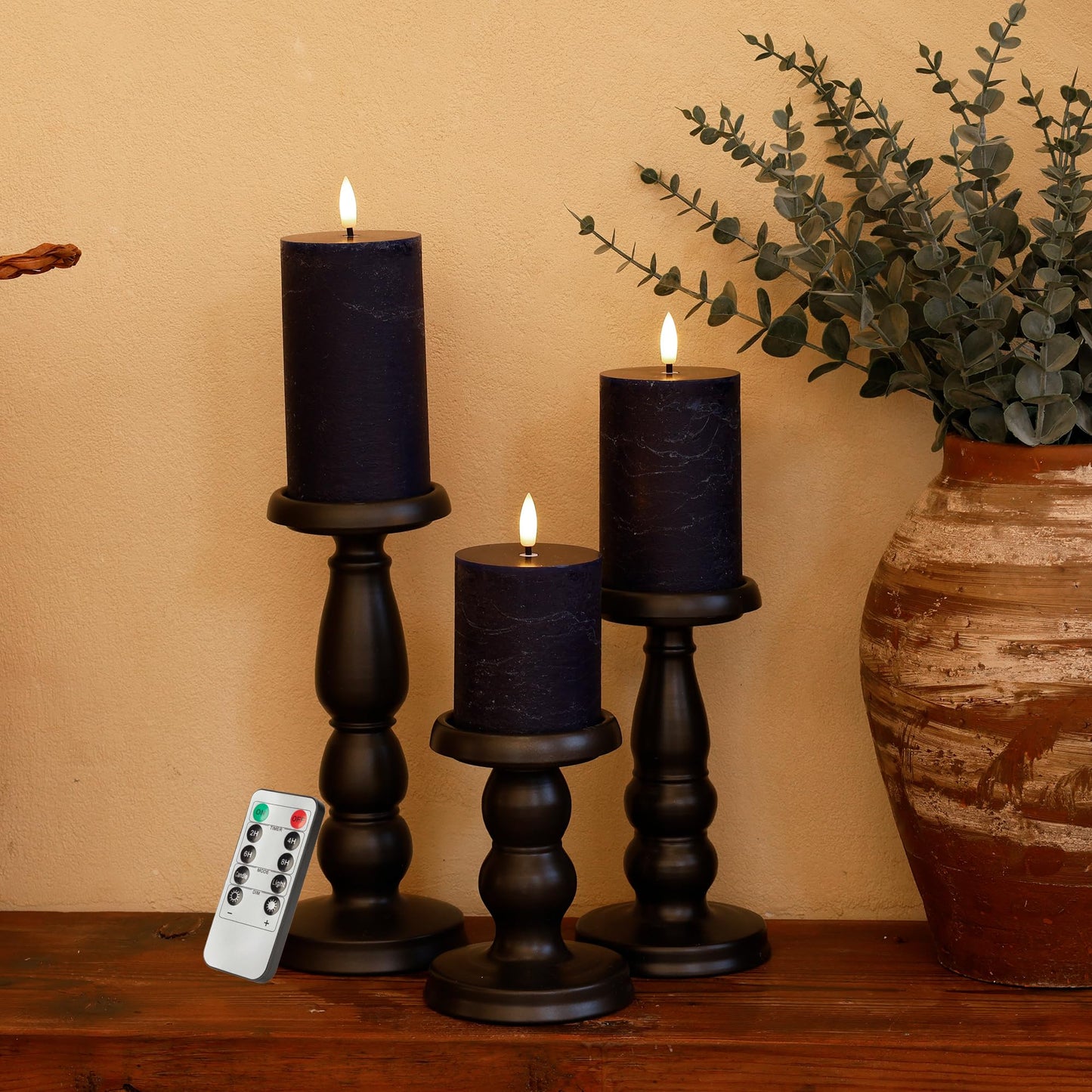 AFINETH Navy Blue Flameless Candles, Real Wax Battery Operated Candles with Remote, Flat Top Flickering LED Pillar Candles for Home Party Wedding Holiday Decor, Set of 3 (H 4" 5" 6" x D3)