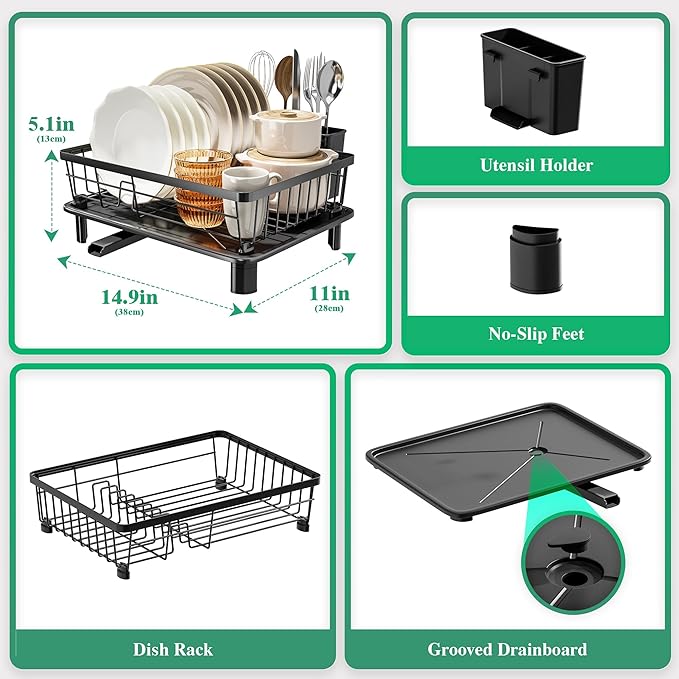 MOUKABAL Dish Drying Rack, Dish Rack, Stainless Steel Dish Racks for Kitchen Counter, Dish Drainer with Removable Utensil Holder, Drainboard (Black,11''W x 15''L)