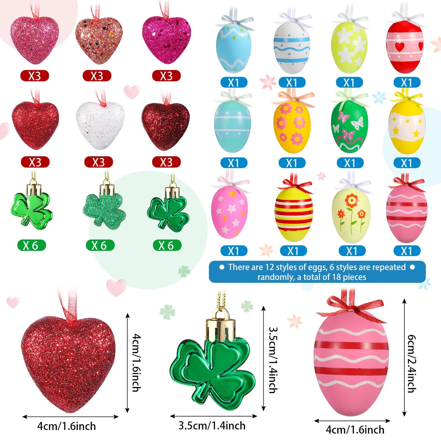 Jutom 54 Pcs Valentines Day Tree Decorations Heart Hanging Ornaments St. Patrick's Day Shamrock Easter Egg Tree Ornaments Heart Shaped Clover Baubles for Holiday Party (Classic Style)