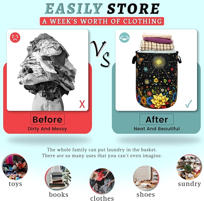 Colorful Flowers Butterfly Laundry Basket Moon Floral Laundry Hamper Foldable Oxford Cloth Beautiful Flower Tote Bag Clothes Toy Storage Bucket For Bathroom/Laundry Storage/Bedroom 18.9 x 16.5 Inch