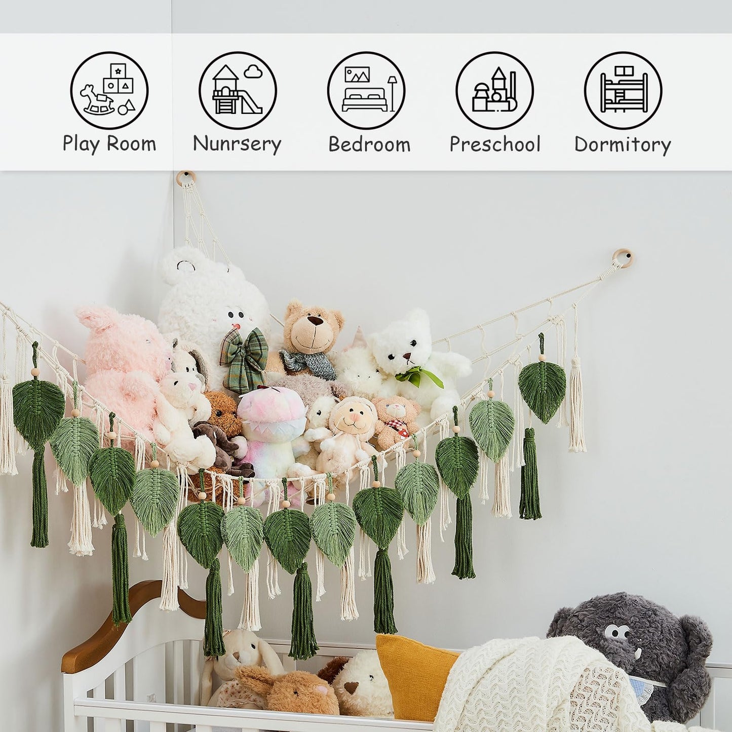 Pretty Jolly Stuffed Animal Storage with Hand Woven Leaf Tassels Hammock Corner Hanging Net Boho Macrame Plush Storage for Toys Kid Room Wall Nursery Decor for Girls Gift (Sage Green&Avocado Green)